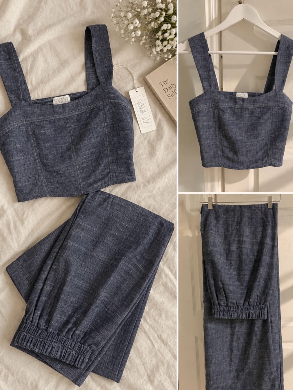 Sienna Sky Denim-Look Square Neck Crop Top & Jogger Pants Set - Blue